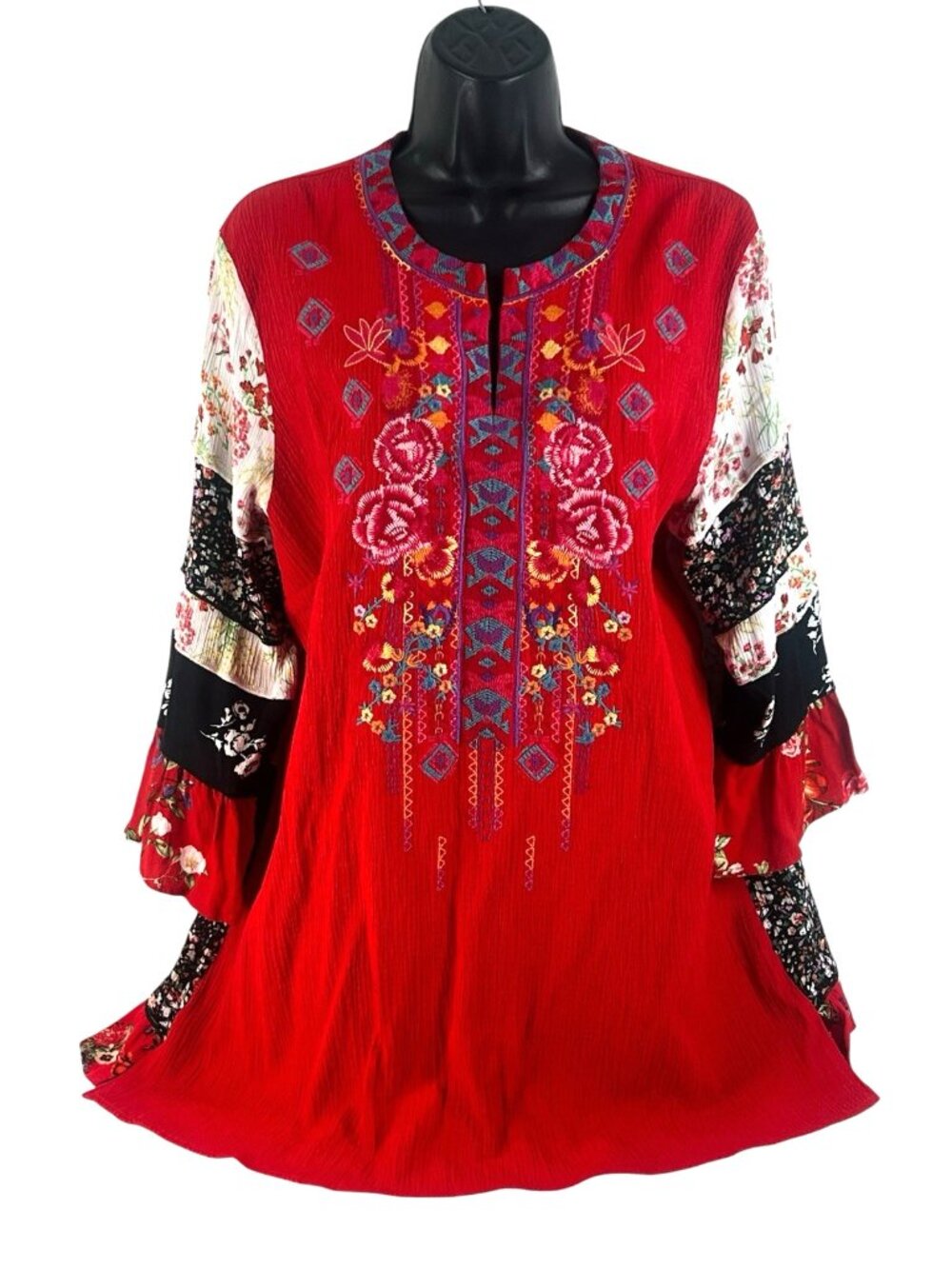 Caleaas Multi Fabric Embroidered Tunic L Artsy Funky Wearable Artl print Boho